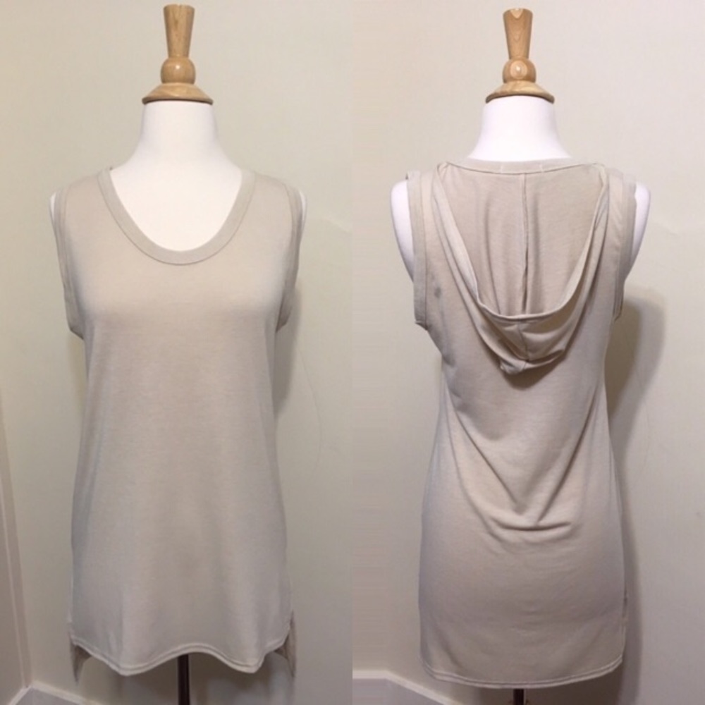 High Low Sleeveless Drapey Hoodie Top Sand Beige - Picture 3 of 3